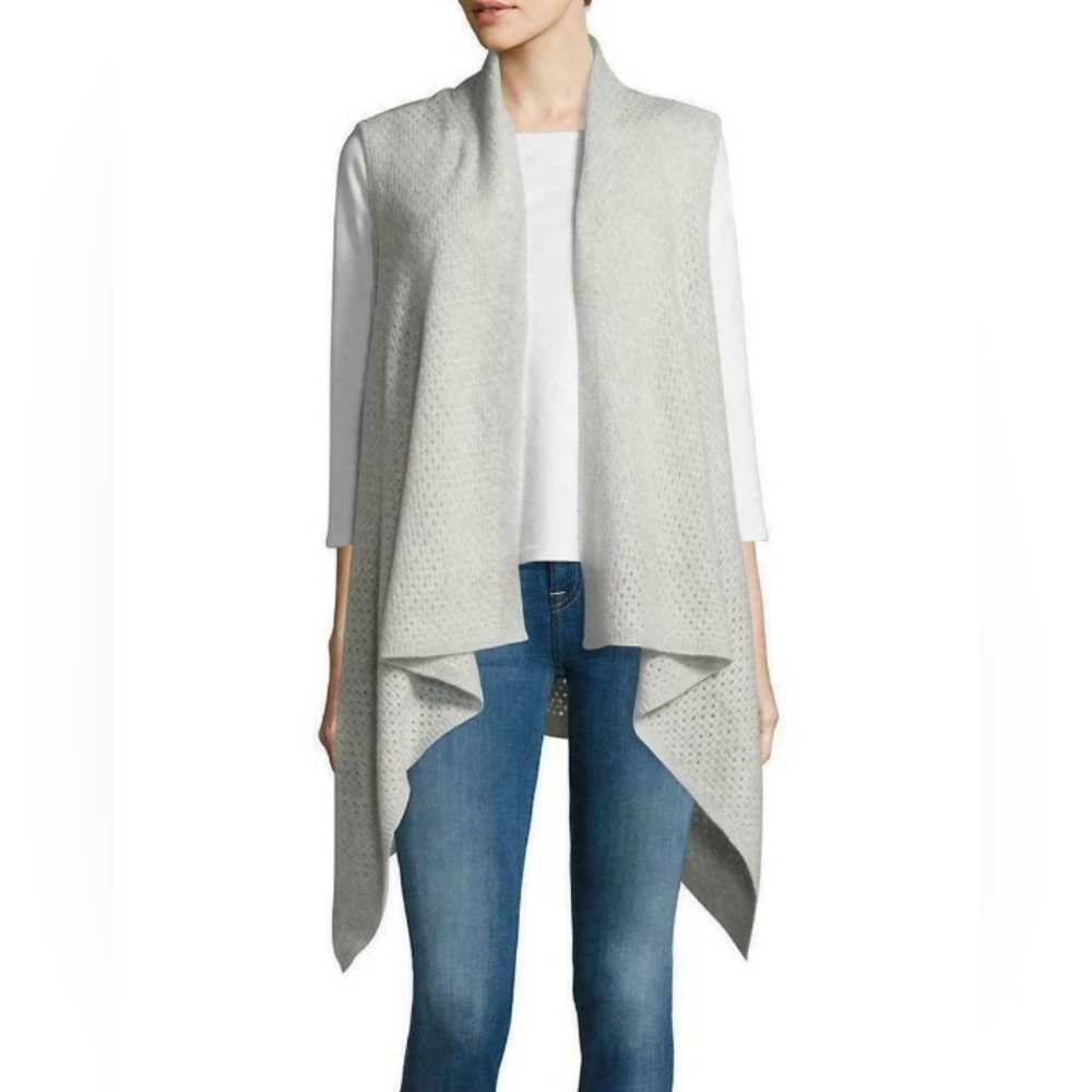 LORD & TAYLOR 100% Cashmere Pointelle Knit Asymmetric Vest L